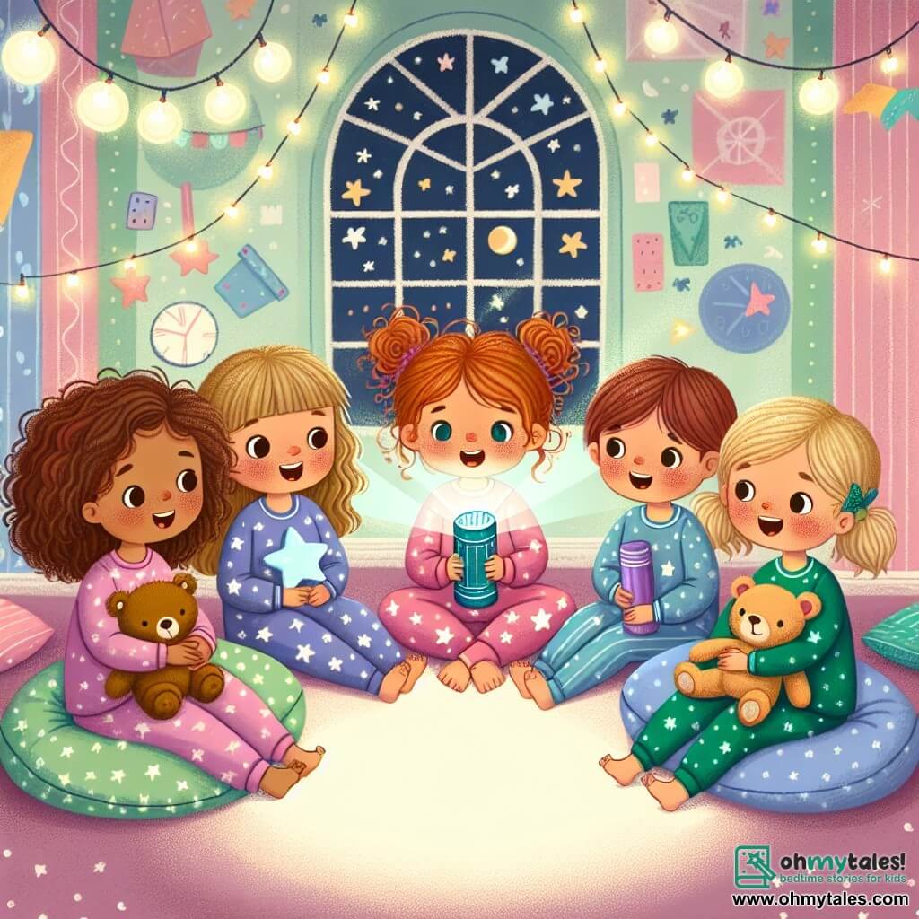 An illustration depicts a warm and colorful bedroom with pastel-painted walls and fairy lights twinkling on the ceiling. In the center, four nearly six-year-old girls sit in a circle on fluffy sleeping bags. The first girl, with curly brown hair, wears a pink pajama with stars and holds a sun-shaped bedside lamp, lighting up her friends' smiling faces. The second girl, with straight blonde hair, is dressed in blue pajamas and waves a blue flashlight, her eyes sparkling with excitement. The third girl, with frizzy red hair, wears purple pajamas and hugs a teddy bear, showing a gentle and reassured expression. Finally, the fourth girl, with brown hair in two pigtails, wears green pajamas and listens attentively, smiling. The scene shows the girls sharing their fears and comforting each other, surrounded by colorful toys and scattered books. Shadows dance around them, but the light from the lamp and flashlight creates a warm and magical atmosphere. Paper stars hang from the ceiling, adding a dreamy touch to the illustration.