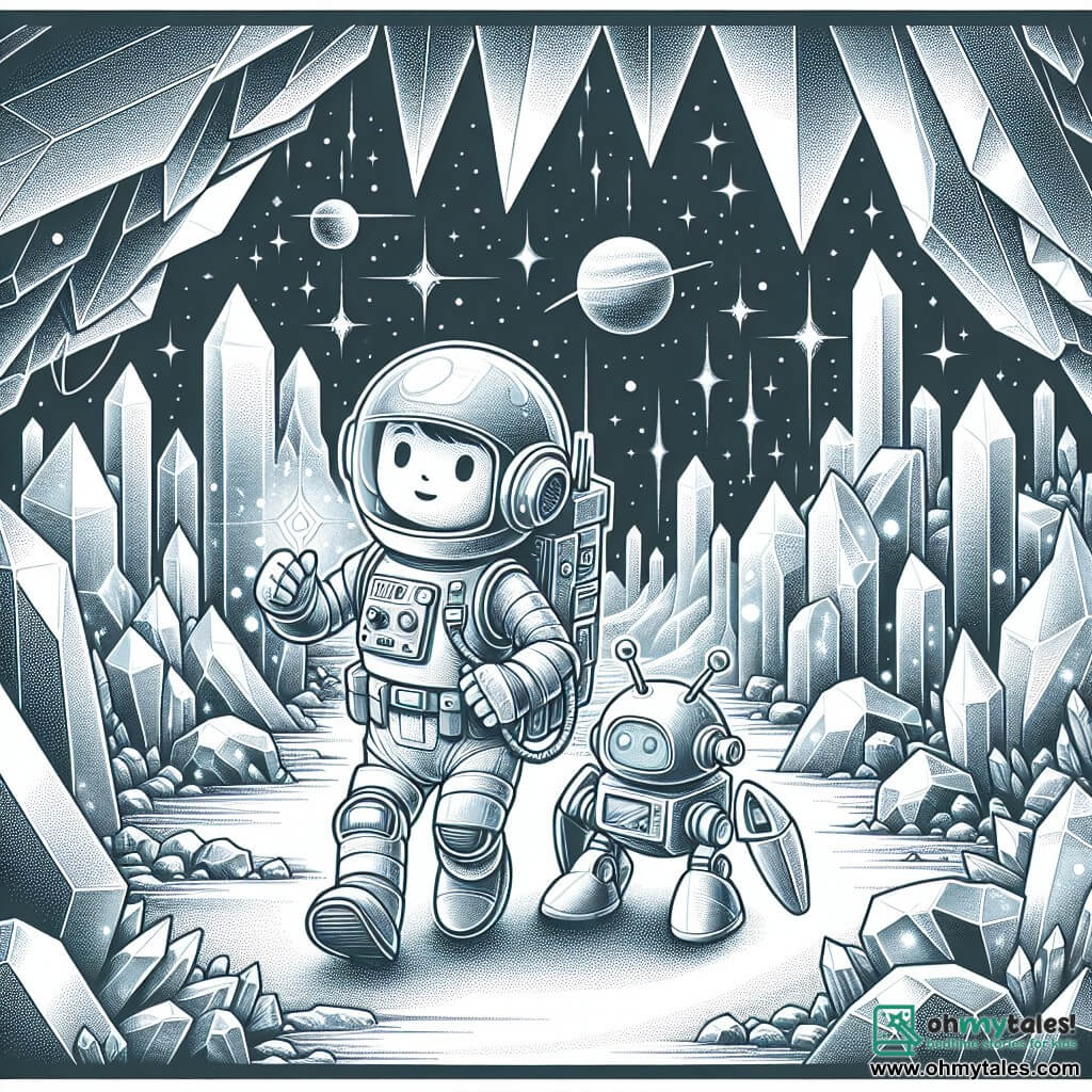 Une illustration destinée aux enfants représentant un courageux astronaute, un robot compagnon fidèle, explorant des cavernes cristallines scintillantes sur une planète lointaine, dans une galaxie lointaine.