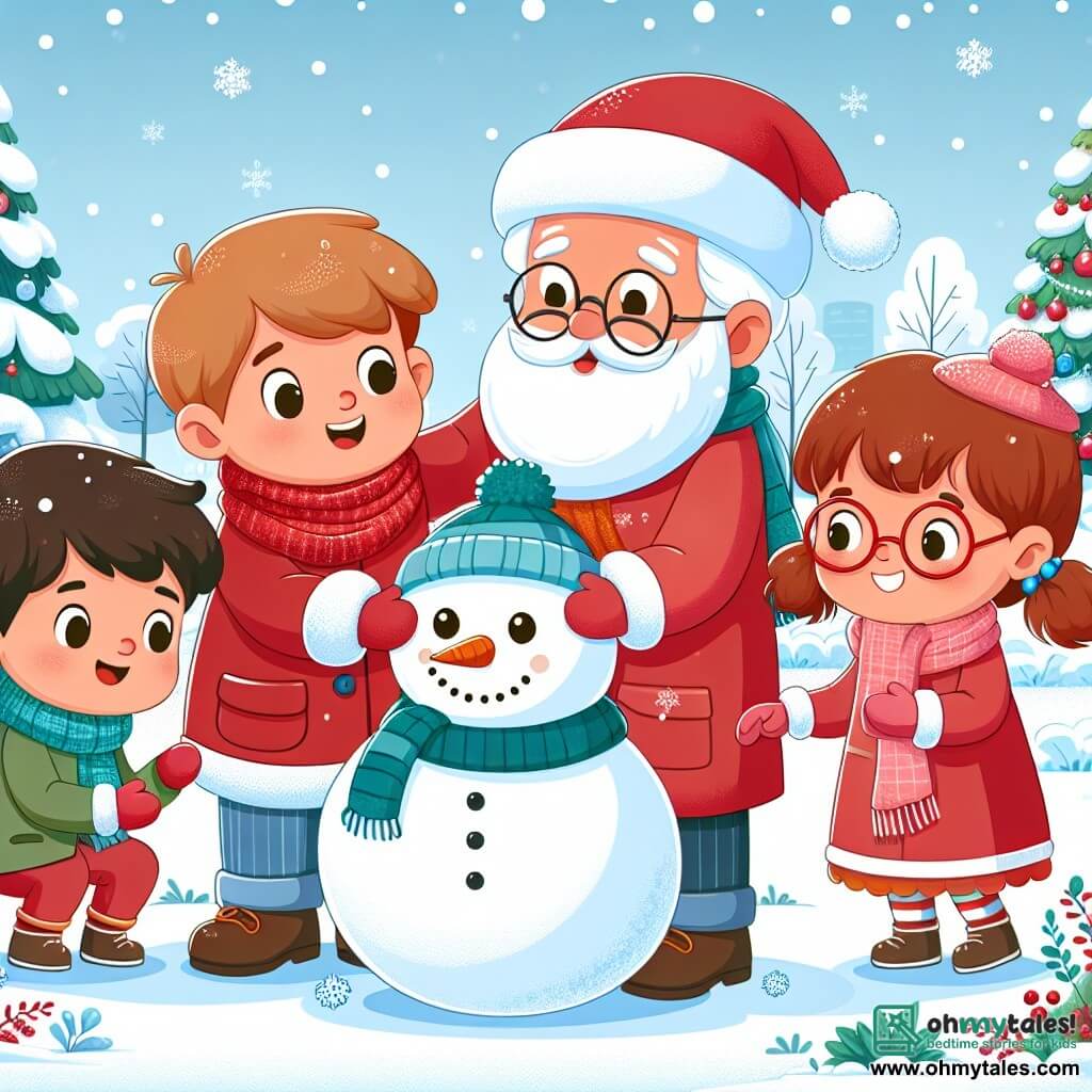 Une illustration sous forme de dessin destinée aux enfants représentant un parc enneigé décoré pour Noël, avec un groupe de quatre enfants de 7 ans : deux garçons aux cheveux bruns, l'un portant une écharpe rouge et l'autre un bonnet bleu, et deux filles, l'une avec des pigtails et une écharpe rose, l'autre avec des lunettes rouges et un manteau vert, tous ensemble en train de construire un grand bonhomme de neige avec des sourires éclatants, tandis qu'un vieux monsieur souriant, habillé d'un manteau rouge, les observe avec bienveillance, symbolisant l'esprit de Noël et la joie de partager des moments ensemble.