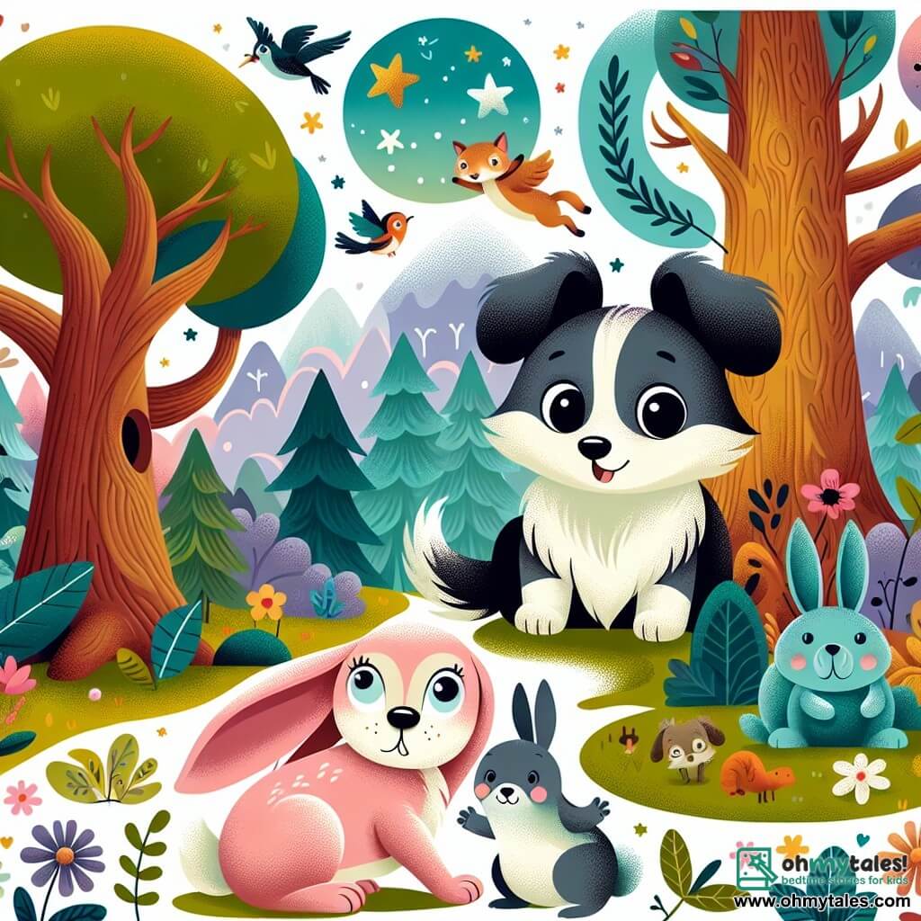 Une illustration destinée aux enfants représentant un courageux petit chien, une adorable lapine en détresse, et une forêt enchantée aux arbres majestueux, aux fleurs colorées et aux animaux malicieux.
