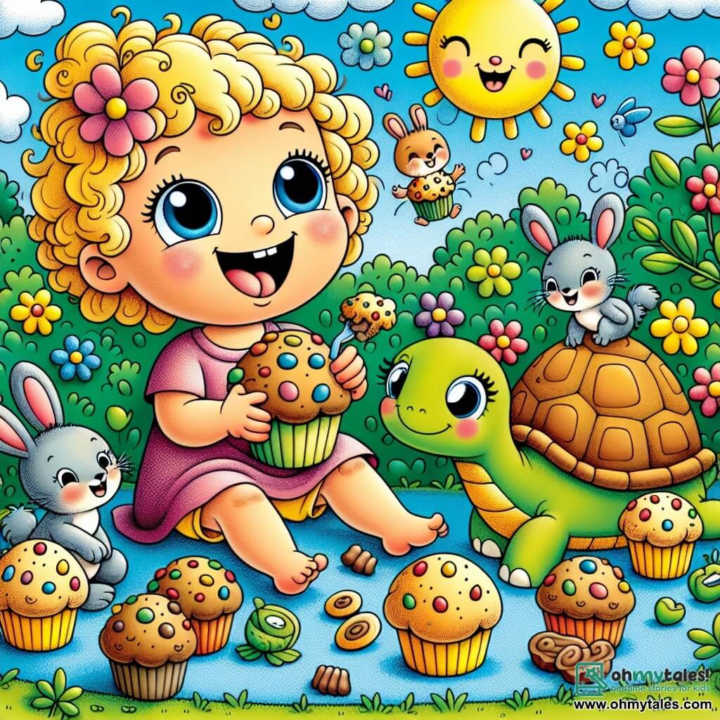 Une illustration sous forme de dessin destinée aux enfants représentant un jardin coloré et ensoleillé, où une petite fille de 3 ans aux grands yeux bleus et aux cheveux blonds bouclés, assise sur l'herbe, rit joyeusement en partageant des muffins avec un petit lapin aux grandes oreilles et un gentil tortue verte, tandis qu'un groupe de petits animaux comme des écureuils et des oiseaux les entoure, tous en train de célébrer une fête de muffins avec des sourires et des éclats de rire.