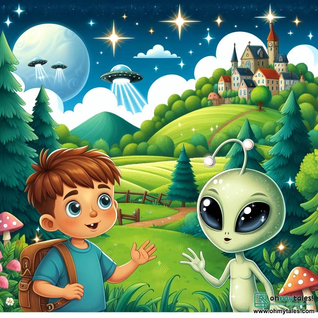 Une illustration destinée aux enfants représentant un garçon curieux découvrant des extraterrestres dans un champ enchanté, accompagné de son nouvel ami, une extraterrestre aux yeux scintillants, dans un petit village entouré de collines verdoyantes et de forêts luxuriantes.