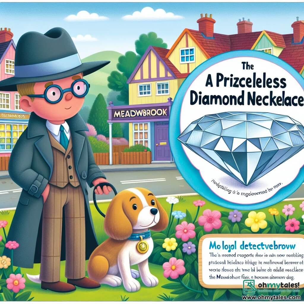 Une illustration destinée aux enfants représentant un homme détective célèbre, en train d'enquêter sur le vol d'un précieux collier de diamants, avec l'aide d'un fidèle chien détective, dans la charmante petite ville de Meadowbrook, avec ses maisons colorées et ses fleurs qui bordent les rues pittoresques.