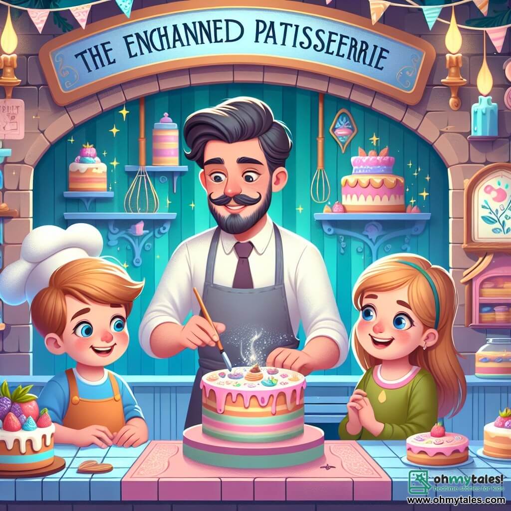 Une illustration destinée aux enfants représentant un homme boulanger talentueux préparant des gâteaux magiques avec l'aide d'un garçon curieux et d'une fille enthousiaste dans une boulangerie colorée et chaleureuse nommée "La Pâtisserie Enchantée" à Sweetville.