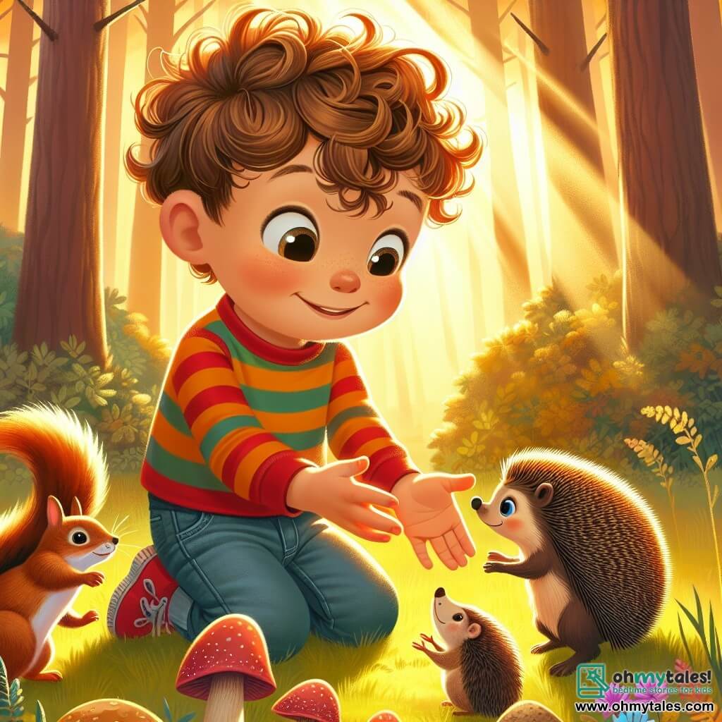 Une illustration sous forme de dessin destinée aux enfants représentant une clairière enchantée au cœur des Whispering Woods, où un garçon de 3 ans aux yeux brillants et aux cheveux bouclés, vêtu d'une chemise à rayures colorées, s'agenouille avec un grand sourire pour aider un petit hérisson aux piquants doux et aux yeux pétillants, tandis qu'un écureuil espiègle au pelage brun et à la queue touffue observe la scène avec curiosité, le tout baigné dans une lumière dorée de fin d'après-midi, symbolisant la joie de l'amitié et le partage de bonheur.