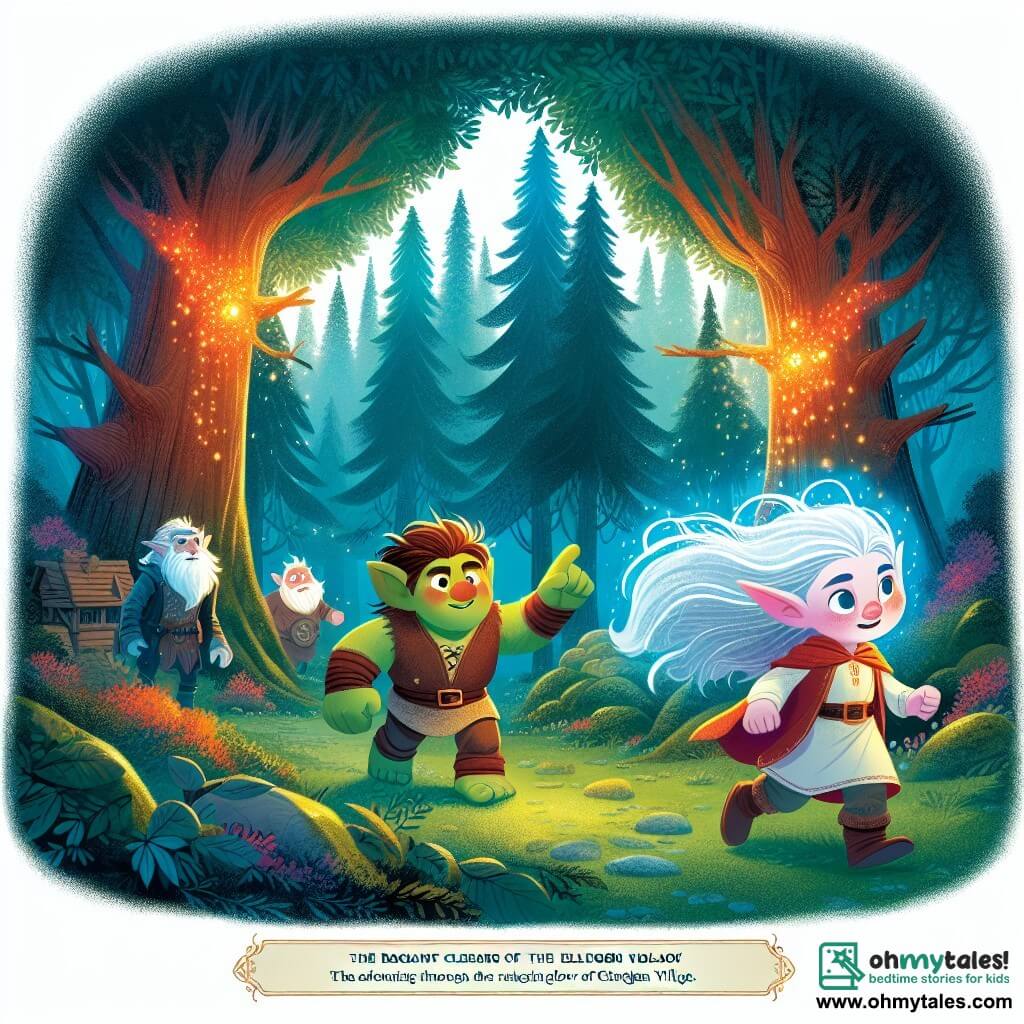 Une illustration destinée aux enfants représentant un jeune troll garçon explorant la forêt lumineuse, accompagné d'une courageuse fillette aux cheveux d'argent, dans la clairière enchantée du village d'Elderglen, où les arbres brillent d'une lueur magique.