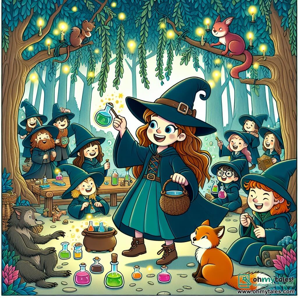 Une illustration destinée aux enfants représentant une apprentie sorcière, entourée de ses amis sorciers, s'amusant avec des potions magiques dans une école de sorcellerie située au cœur d'une forêt enchantée, où les arbres sont couverts de lianes lumineuses et les animaux parlent.