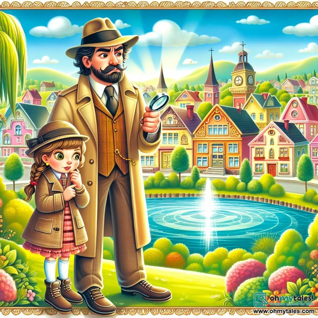 Une illustration destinée aux enfants représentant un détective intrépide, vêtu d'un long manteau beige et d'un chapeau noir, résolvant un mystère captivant avec l'aide d'une jeune fille courageuse, dans la petite ville ensoleillée de Sunnyville, entourée de maisons colorées et d'un parc verdoyant avec un magnifique lac scintillant.