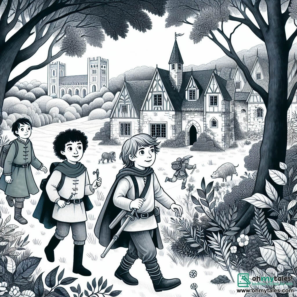 Une illustration destinée aux enfants représentant un petit garçon intrépide, accompagné de ses amis, explorant un village abandonné au cœur d'une forêt luxuriante, à la recherche d'un remède magique pour sauver sa petite sœur malade.