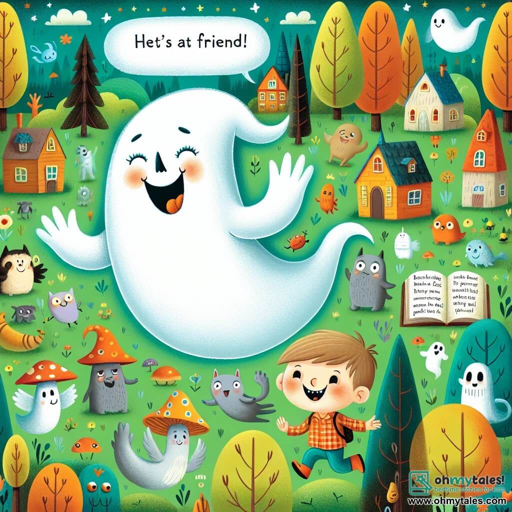 Une illustration destinée aux enfants représentant un fantôme jovial flottant joyeusement avec un nouvel ami, un petit garçon, dans une forêt enchantée remplie de maisons colorées, d'animaux parlants et de créatures étranges.