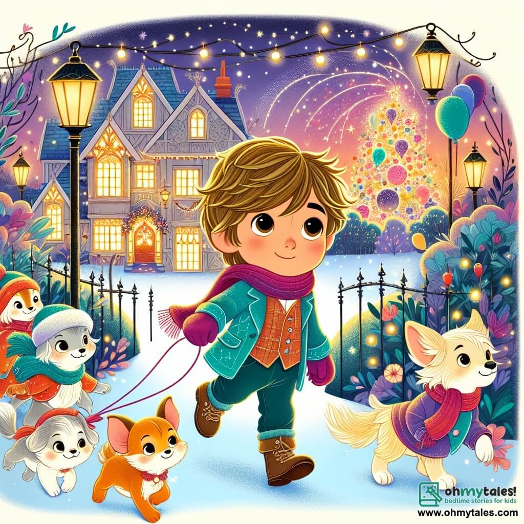 Une illustration destinée aux enfants représentant un garçon curieux et aventureux, se rendant à une fête du nouvel an magique à la Maison Enchantée, accompagné de ses amis animaux fantastiques, dans un jardin illuminé de lumières scintillantes et de ballons colorés.