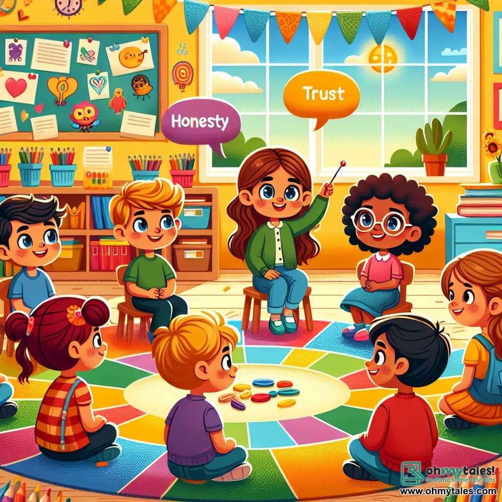 An illustration depicting a scene in a bright and colorful classroom, with yellow-painted walls and windows letting in sunlight. In the center, a large multicolored rug where children sit in a circle, surrounded by crayons, books, and drawings hanging on the walls. In this circle, a six-year-old boy with curly brown hair and sparkling eyes is smiling and raising his hand to share his thoughts. Next to him, a six-year-old girl with bright red pigtails listens attentively, her face glowing with enthusiasm. Another six-year-old boy, wearing glasses and having light brown hair, looks a bit shy but is determined to express himself. The main situation shows the children sharing their honest feelings on the rug, with camaraderie and understanding on their faces. Colorful speech bubbles float around them, illustrating words like "honesty" and "trust." In the background, a smiling teacher observes the scene, adding a warm and encouraging atmosphere to the overall setting.