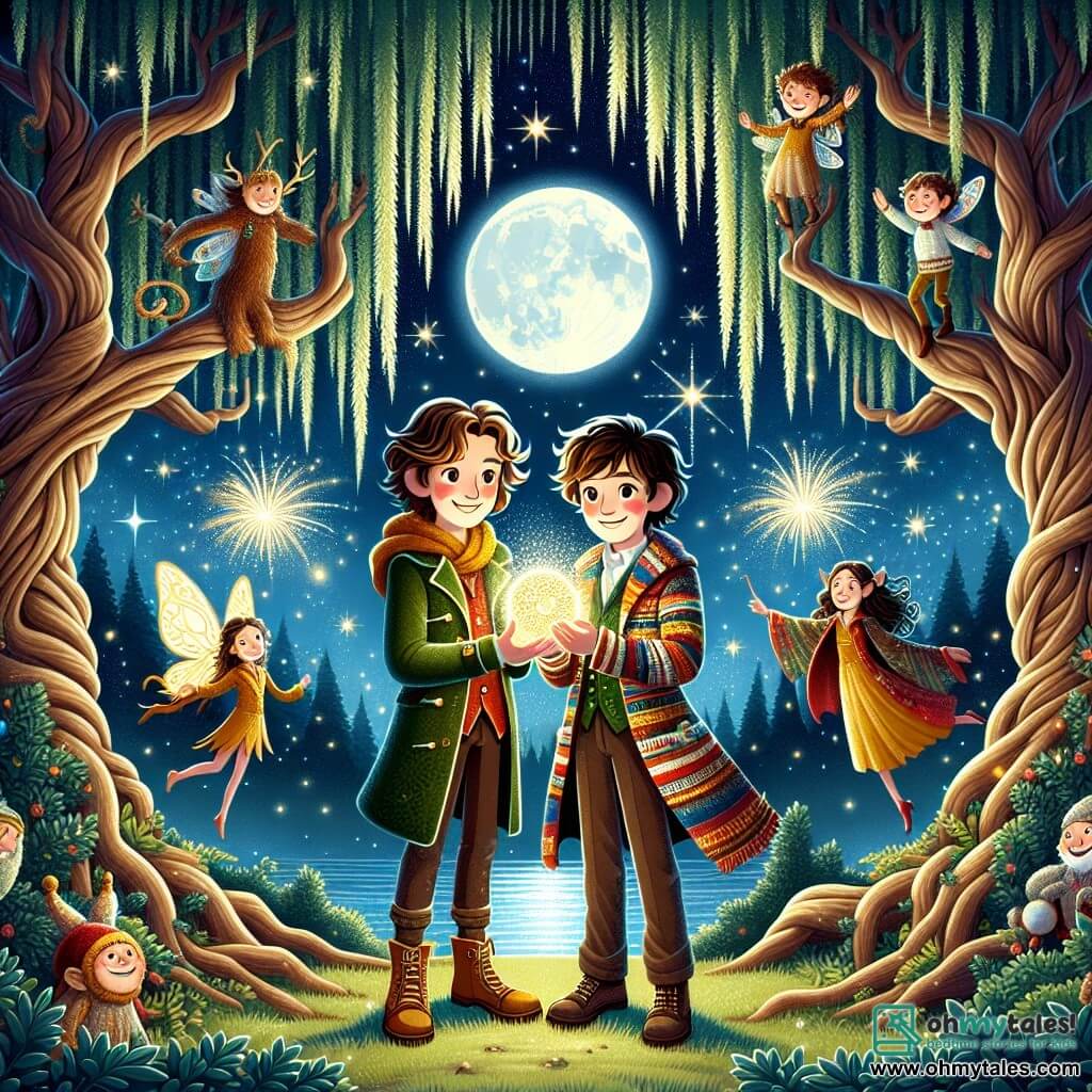 An illustration depicting a magical moonlit night in an enchanted forest, where ancient trees with gnarled trunks rise majestically, their branches adorned with shimmering leaves. In the center, an 11-year-old boy with messy brown hair and a mischievous smile holds a glowing stone in his hands, illuminating his face with a golden glow. Next to him, an 11-year-old girl with curly brown hair and sparkling eyes, wearing a colorful coat, gazes in wonder at the scene, her hands raised in joy. Together, they stand in front of a large weeping willow, surrounded by magical creatures like fairies with sparkling wings and laughing gnomes, all gathered to celebrate the New Year. Shooting stars streak across the sky, adding a touch of magic to this festive moment, while fireworks light up the background, creating an atmosphere of celebration and wonder.