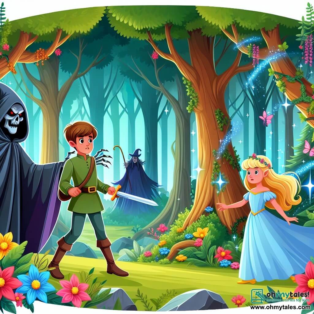 Une illustration destinée aux enfants représentant un jeune prince courageux, confronté à un sorcier maléfique, avec l'aide d'une princesse ensorcelée, dans une forêt enchantée aux arbres majestueux et aux fleurs aux couleurs éclatantes.