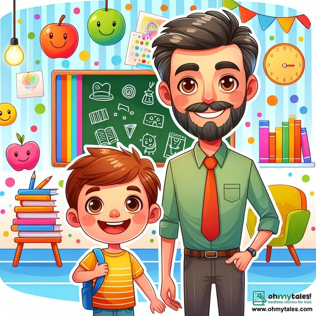 Une illustration destinée aux enfants représentant un instituteur bienveillant, un garçon courageux et curieux, et une salle de classe lumineuse et colorée remplie de livres et de dessins joyeux.