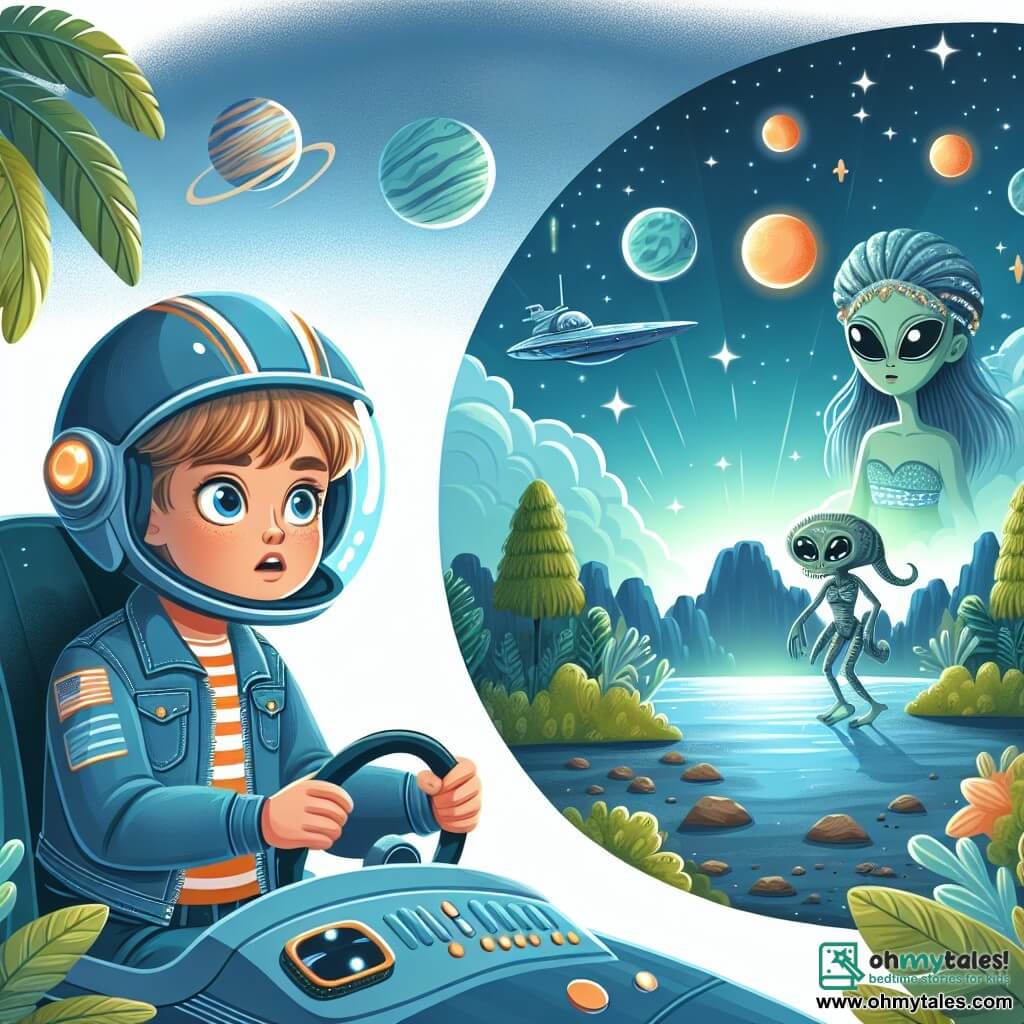Une illustration destinée aux enfants représentant une fille courageuse et curieuse pilotant un vaisseau spatial futuriste, faisant face à un mystérieux peuple extraterrestre, sur une planète luxuriante aux océans scintillants et aux forêts verdoyantes.