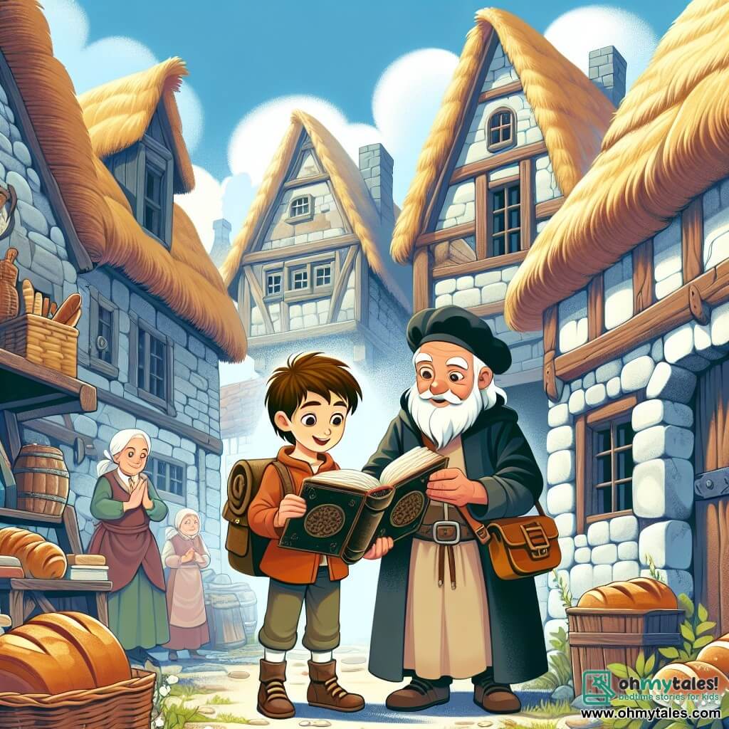 Une illustration destinée aux enfants représentant un garçon aventureux découvrant un mystérieux livre de voyage dans le temps, accompagné d'une vieille femme sage, dans un village pittoresque aux toits de chaume et aux rues pavées, rempli d'arômes de pain frais, en l'an 1785.