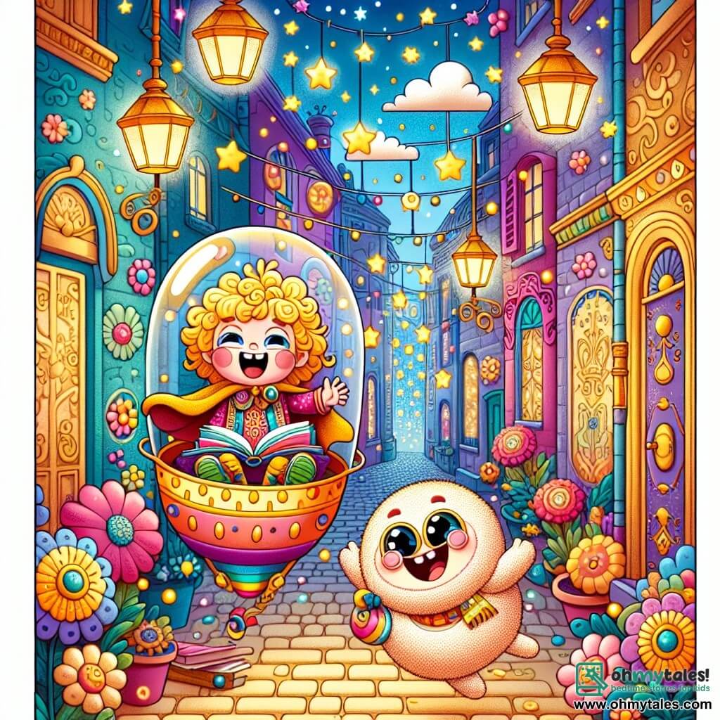 Une illustration sous forme de dessin destinée aux enfants représentant une allée magique aux murs colorés, remplie de fleurs souriantes et de lanternes scintillantes, où une fille de 7 ans avec des cheveux bouclés dorés, portant une cape colorée et un grand sourire, est assise dans un engin volant en forme de bulle, entourée d'un petit être rond et duveteux aux grands yeux et à la bouche rieuse, qui bondit de joie, alors qu'ils découvrent ensemble un livre de blagues perdu, avec des éclats de rire et des étoiles scintillantes illuminant l'air autour d'eux.