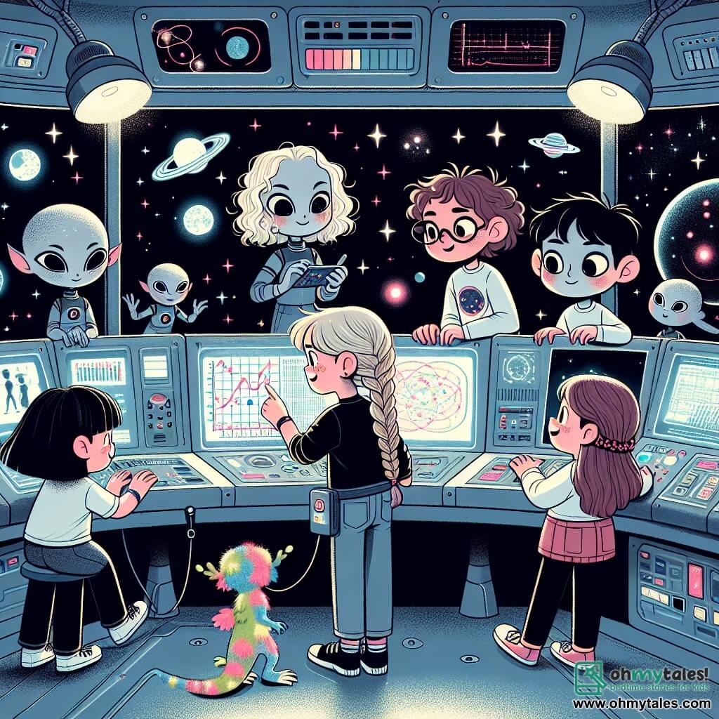 An illustration depicts a scene in the control room of a space station, featuring shiny metal walls and holographic screens displaying star maps and scientific data. In the center, four young girls, around ten years old, gather around a console. One girl with curly brown hair wears glasses and attentively looks at a screen, while another with braided blonde hair smiles while holding a small technological device. A third girl with straight black hair pets a brightly colored alien creature, and the last one, with red hair and freckles, points at a glowing graph. In the background, three aliens with silver skin and large eyes float with delicate wings, curiously observing the children's activities. One alien boy seems particularly fascinated by the device held by the blonde girl. The main scene showcases the children and aliens happily collaborating to solve a technological problem, symbolizing friendship and unity across differences. Sparkling stars and colorful planets are visible through the station's windows, adding a touch of magic to the overall scene.