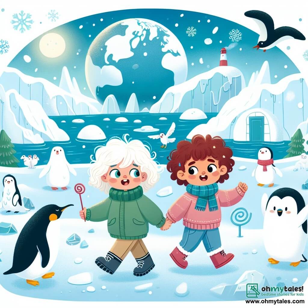 Une illustration destinée aux enfants représentant une jeune fille aux cheveux bouclés, accompagnée d'un ami, découvrant un monde enneigé et glacé où les animaux polaires et les pingouins vivent heureux, mettant en lumière les effets du changement climatique dans l'Arctique.