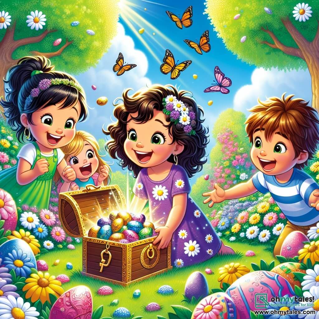 An illustration depicting an enchanting spring garden filled with colorful flowers, tall green trees, and a bright blue sky. In the center, four young children are gathered: an eight-year-old girl with curly brown hair, wearing a purple dress with daisy patterns, holding a small chest filled with chocolates; another eight-year-old girl with straight blonde hair, dressed in a pink dress, smiling at the treasure; an eight-year-old girl with brown hair tied in a ponytail, wearing a green dress, exclaiming with joy; and finally, an eight-year-old boy with messy black hair, dressed in a blue t-shirt, holding a shiny key in his hand. The scene captures the excitement and wonder of the children as they discover the treasure chest filled with treats, surrounded by laughter and vibrant colors, with butterflies flying around them and chocolate eggs hidden in the grass.