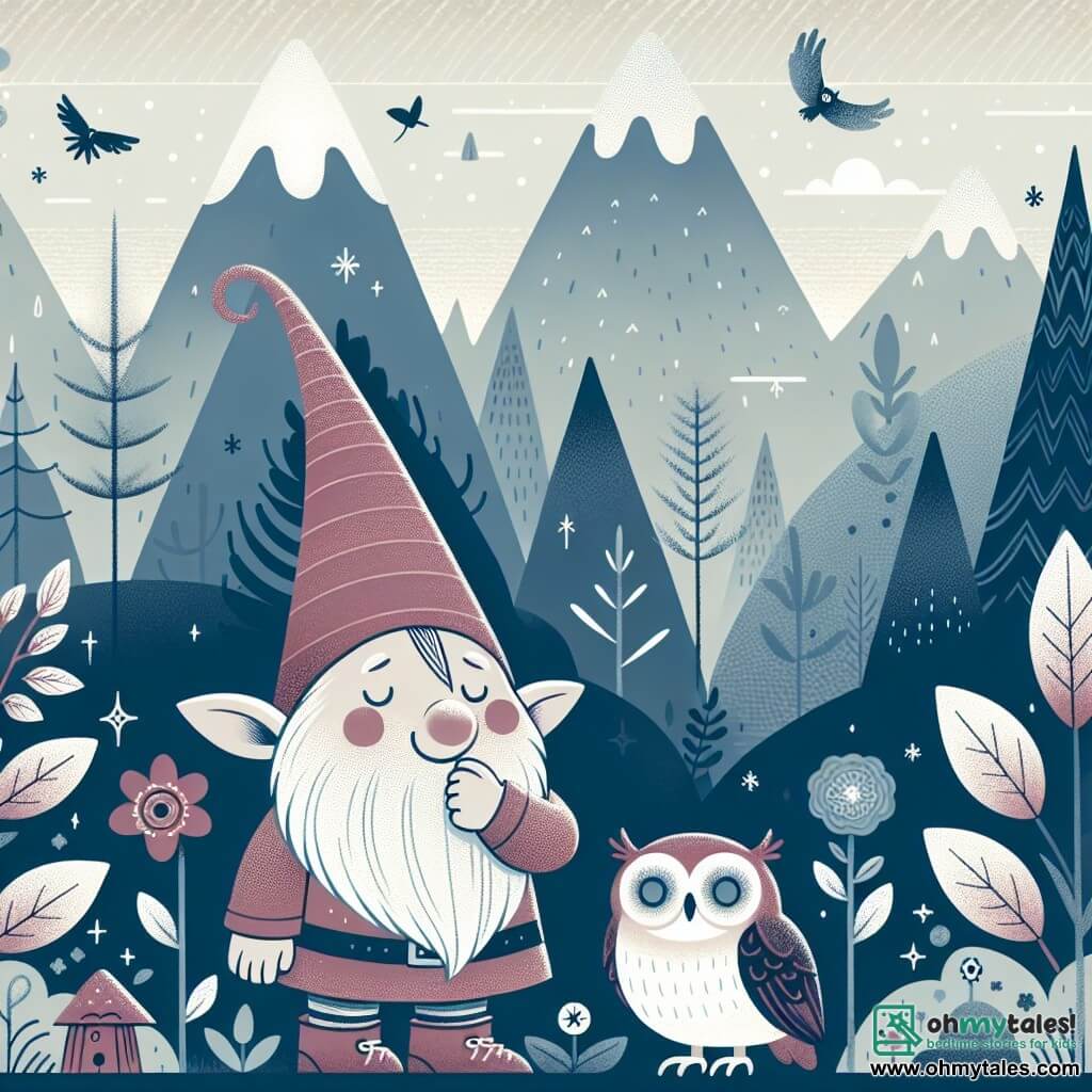 Une illustration destinée aux enfants représentant un lutin farceur, perdu dans un monde invisible rempli de créatures magiques, avec un sage hibou comme compagnon, dans un paysage de montagnes mystérieuses enveloppées de brume.