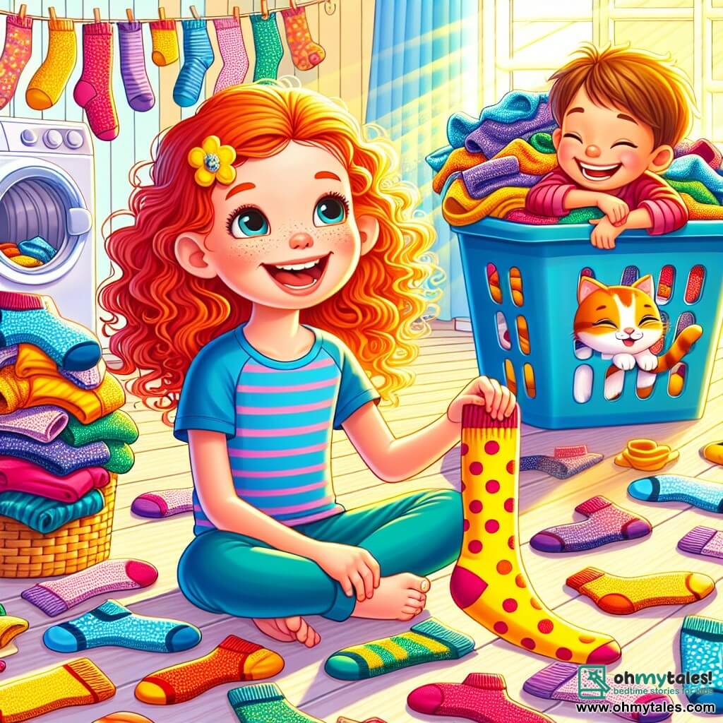 Une illustration sous forme de dessin destinée aux enfants représentant une pièce de maison colorée et ensoleillée, remplie de chaussettes multicolores éparpillées sur le sol, où une fille de 9 ans aux cheveux roux et bouclés, assise en tailleur, sourit en tenant une chaussette à pois jaunes, tandis qu'un petit garçon aux cheveux bruns, espiègle et riant, se cache derrière un panier à linge, avec un chat tigré aux yeux vifs observant la scène, illustrant le défi amusant de trier une montagne de chaussettes.