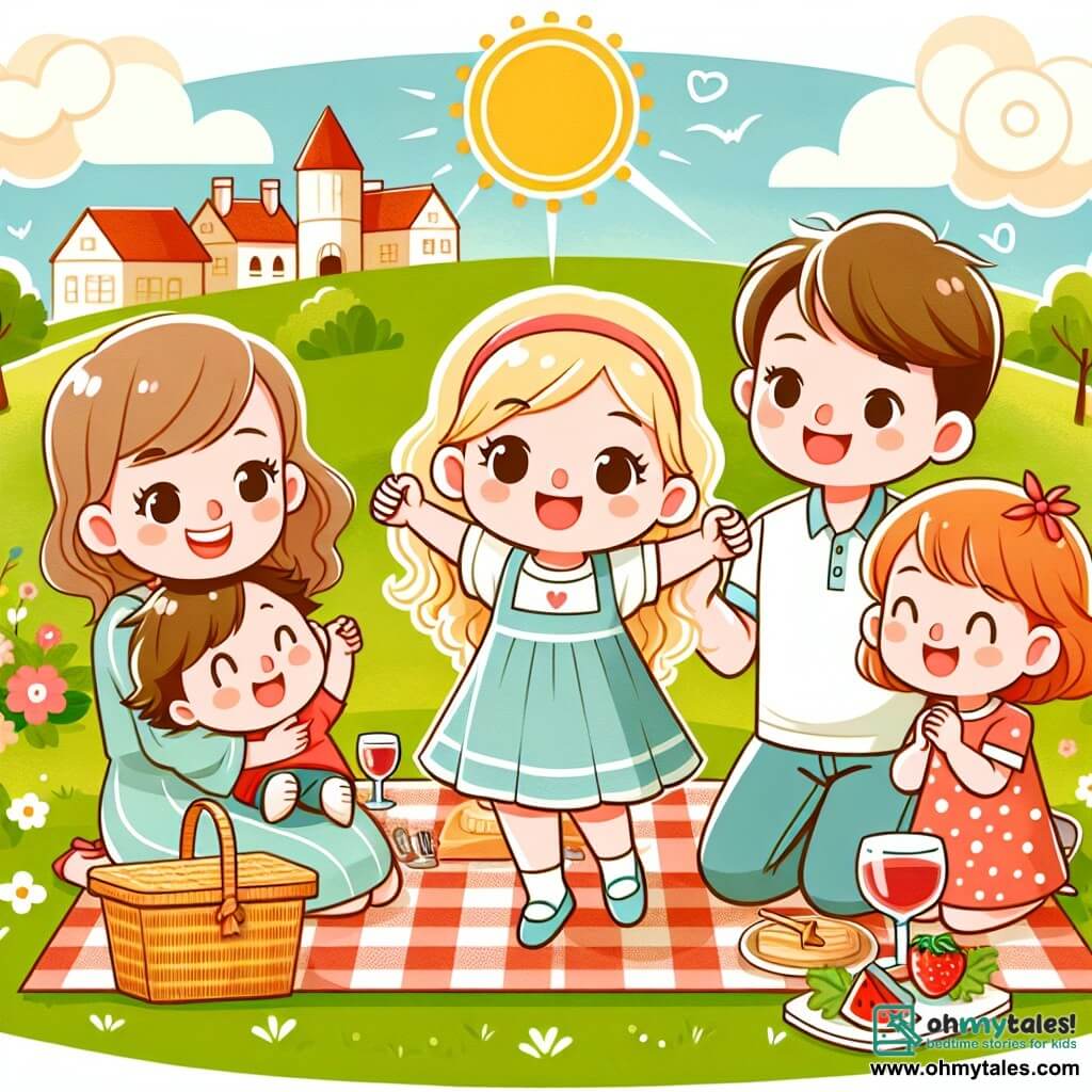 Une illustration destinée aux enfants représentant une fillette pétillante, entourée de sa famille aimante, partageant un pique-nique joyeux dans le parc ensoleillé de la paisible ville de Sweetberry Grove pour la fête de la Saint-Valentin.