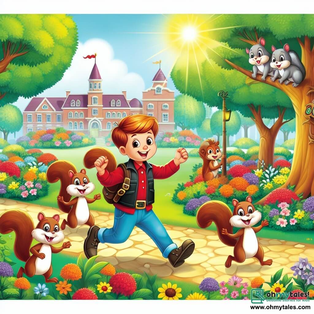 Une illustration destinée aux enfants représentant un garçon curieux et courageux se lançant dans une enquête mystérieuse avec l'aide d'une bande de joyeux écureuils malicieux, dans le parc ensoleillé de Sunnyville, rempli de fleurs colorées et d'arbres majestueux.