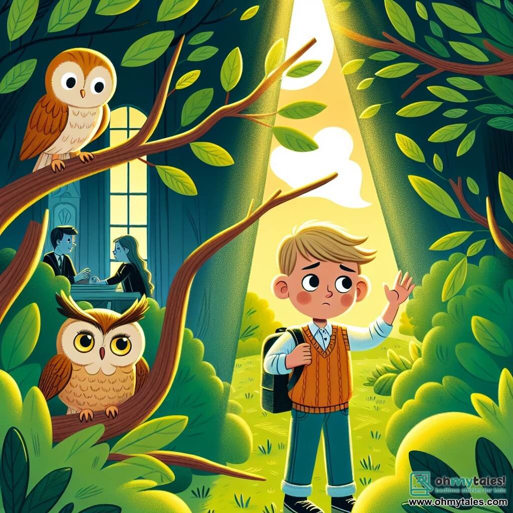 Une illustration destinée aux enfants représentant un garçon énergique et curieux, faisant face à la séparation de ses parents, accompagné d'une sage chouette perchée sur une branche, dans un parc verdoyant baigné de lumière dorée.