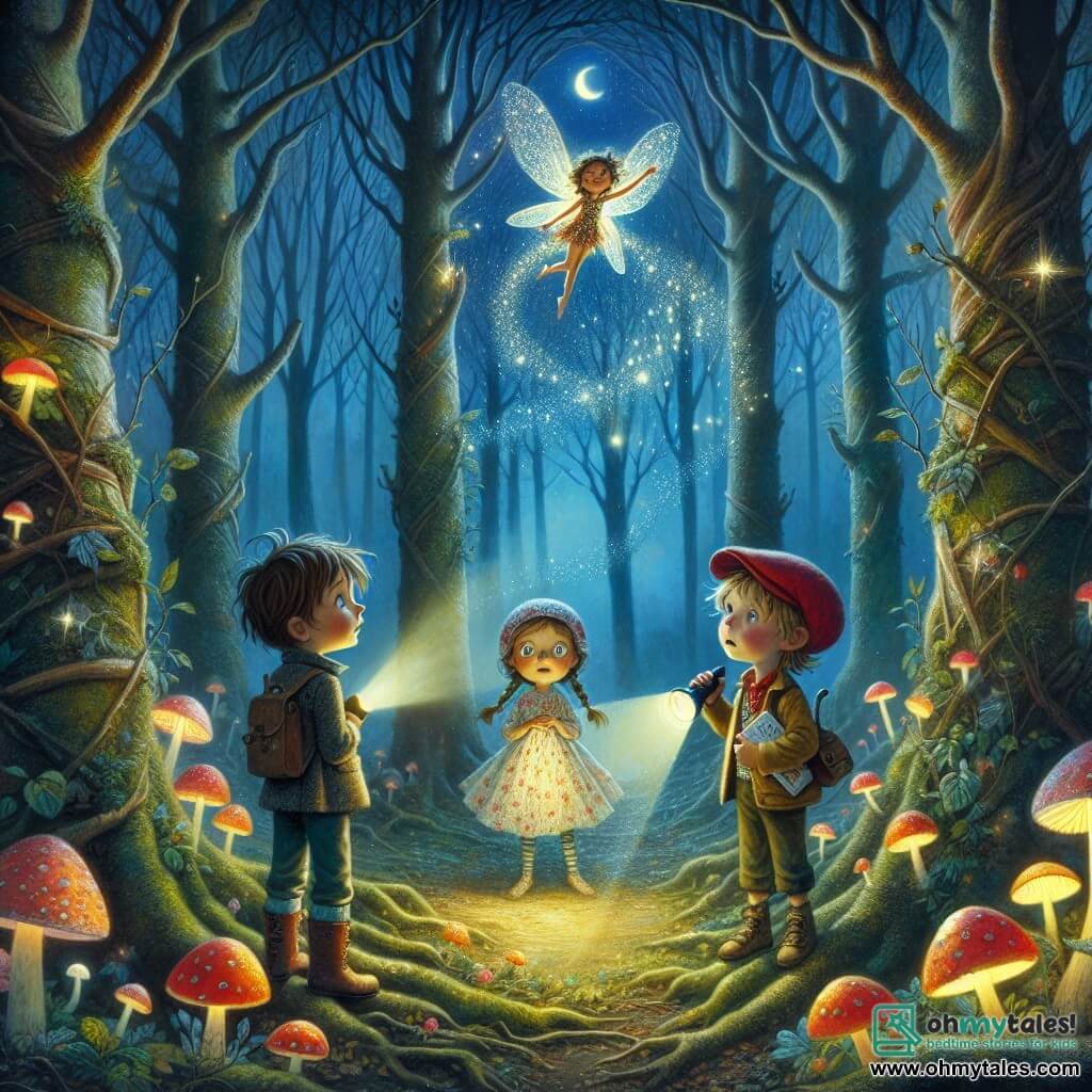 An illustration depicting a mysterious scene in an enchanted forest, where tall trees with twisted trunks rise towards a starry sky, their leaves sparkling like stars. In the center, a moonlit clearing is surrounded by luminescent mushrooms emitting a soft, colorful glow, creating both a magical and intriguing atmosphere. In this scene, three children stand in the middle of the clearing: an eight-year-old boy with messy brown hair and a determined look, holding a flashlight that illuminates the ground. Next to him, an eight-year-old girl with braided blonde hair and a curious smile holds a notebook in which she takes notes. Finally, another eight-year-old boy, wearing a red cap and a mix of amusement and nervousness on his face, observes the surroundings with wide eyes. The main situation shows the children discovering a small fairy with sparkling wings emerging from the shadows of the trees, ready to reveal a secret to them. The fairy, small and luminous, has sparkling eyes and a welcoming smile, floating above the mushrooms. Mysterious whispers of the forest seem to materialize around them, creating an atmosphere that is both captivating and slightly unsettling. Leaves gently swirl in the air, adding to the magic of the moment.