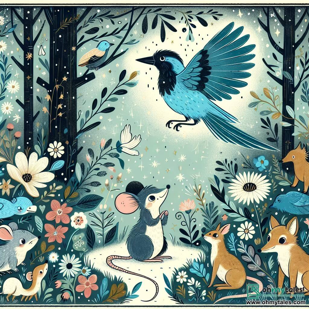 Une illustration destinée aux enfants représentant une petite souris courageuse se trouvant dans une forêt enchantée, accompagnée d'une belle pie bleue en détresse, entourée de fleurs magiques et d'animaux bienveillants.