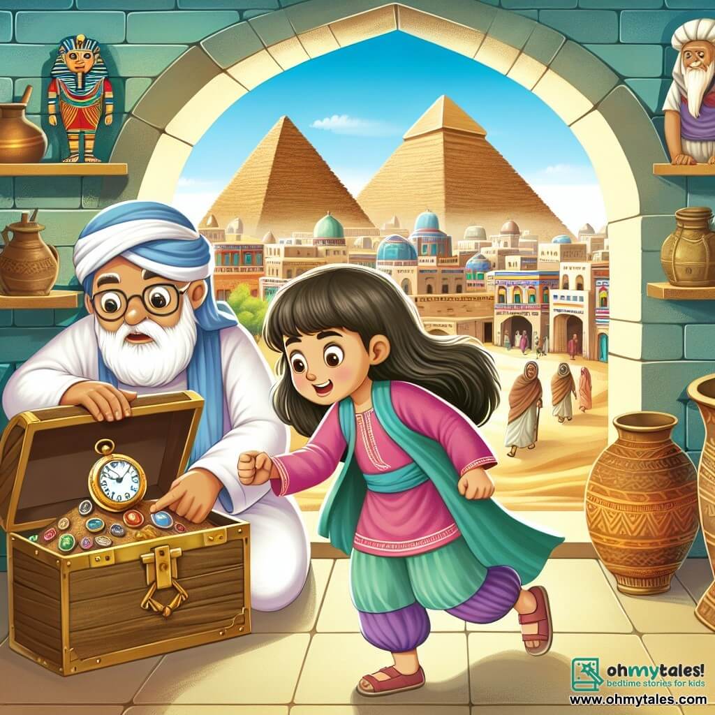 Une illustration destinée aux enfants représentant une fille courageuse découvrant une montre mystérieuse dans le grenier de sa maison ancienne, accompagnée d'un vieil homme sage, dans une ville ancienne de l'Égypte avec des marchés colorés et des pyramides majestueuses en arrière-plan.