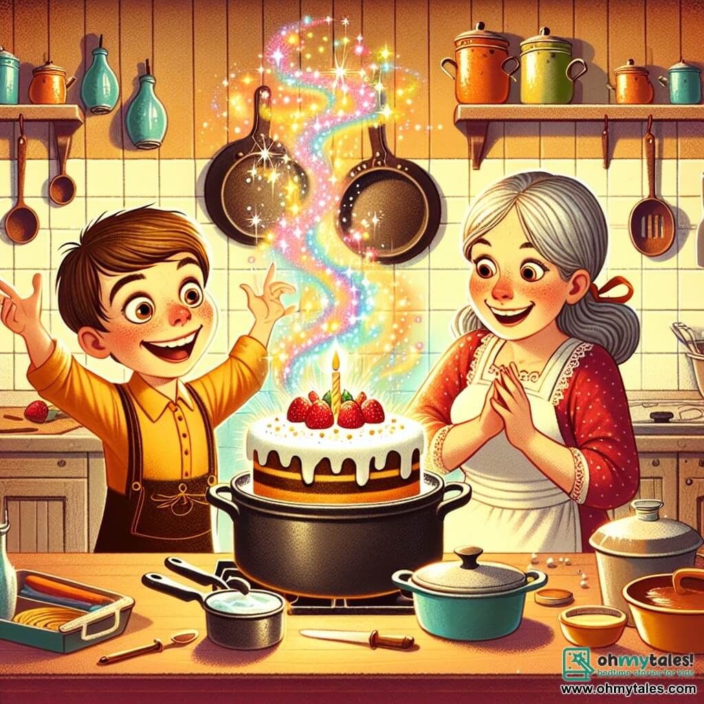 Une illustration destinée aux enfants représentant un garçon espiègle préparant un gâteau magique pour la fête des mères, avec sa mère émerveillée à ses côtés, dans une cuisine chaleureuse et colorée remplie de pots et de casseroles étincelants.