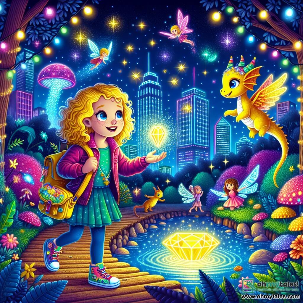 An illustration depicting a magical scene in a vibrant park of Neon City, where buildings sparkle under a starry sky. In the center, a 7-year-old girl with curly golden hair, wearing colorful sneakers and a yellow backpack filled with treasures, stands with a delighted smile. She is surrounded by fantastical creatures, including a small dragon with shiny scales and a fairy with sparkling wings, who are flying around her and laughing. The little girl reaches out towards a glowing gem floating above a pond, while bursts of light and stars dance around them, creating an enchanted atmosphere. Colorful flowers and trees with shimmering leaves add a touch of magic to this fairy-tale scene, capturing the spirit of adventure and camaraderie.