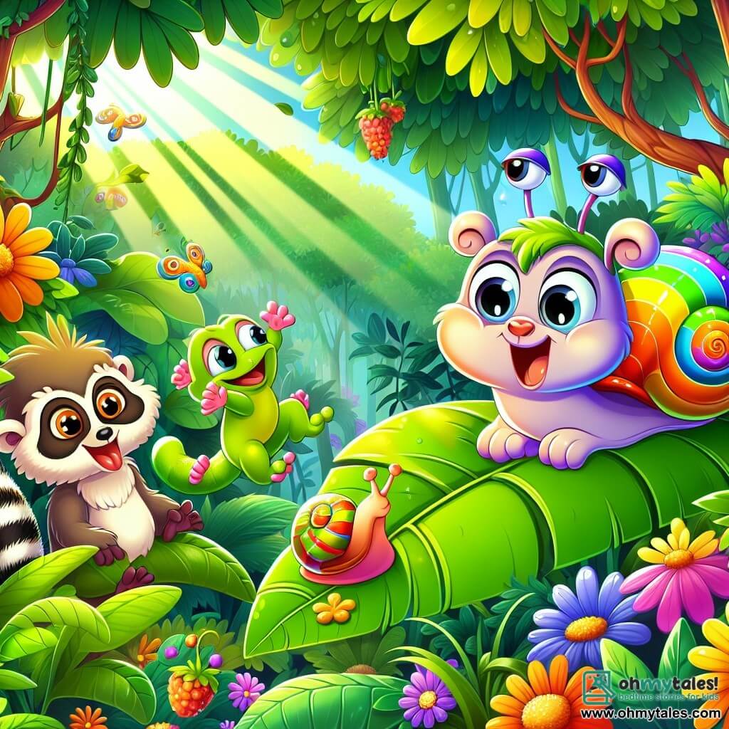 Illustration destinée aux enfants représentant une scène vibrante dans une jungle luxuriante, où des fleurs colorées éclatent de toutes parts et des rayons de soleil filtrent à travers les feuillages denses. Au premier plan, un escargot aux couleurs arc-en-ciel, avec une coquille brillante et des antennes curieuses, glisse joyeusement sur une feuille verte, l'air émerveillé. À ses côtés, une lémurienne espiègle aux grands yeux ronds et à la queue rayée balance sa queue tout en riant, tandis qu'un grenouille verte aux pattes musclées saute autour d'eux, essayant d'attraper une petite créature qui émet un bruit de couinement. Ensemble, ils explorent la jungle à la recherche d'un oiseau mystérieux qui fait un drôle de bruit, entourés de baies juteuses et de feuillages scintillants, créant une atmosphère d'aventure et de camaraderie.