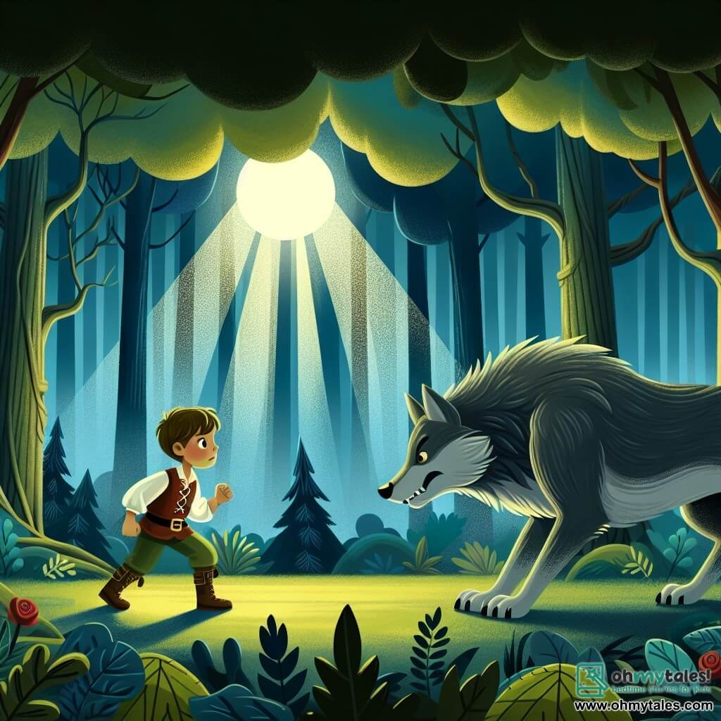 Une illustration destinée aux enfants représentant un jeune garçon courageux défiant un grand méchant loup dans une forêt sombre et mystérieuse, avec de grands arbres majestueux et des rayons de soleil filtrant à travers les feuilles.