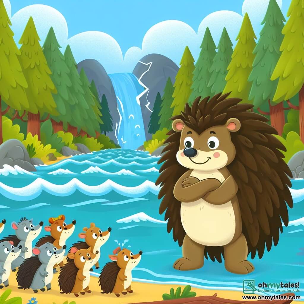 Une illustration destinée aux enfants représentant un hérisson courageux, entouré d'animaux inquiets, se tenant sur la rive d'une rivière tumultueuse, avec une forêt luxuriante en arrière-plan.