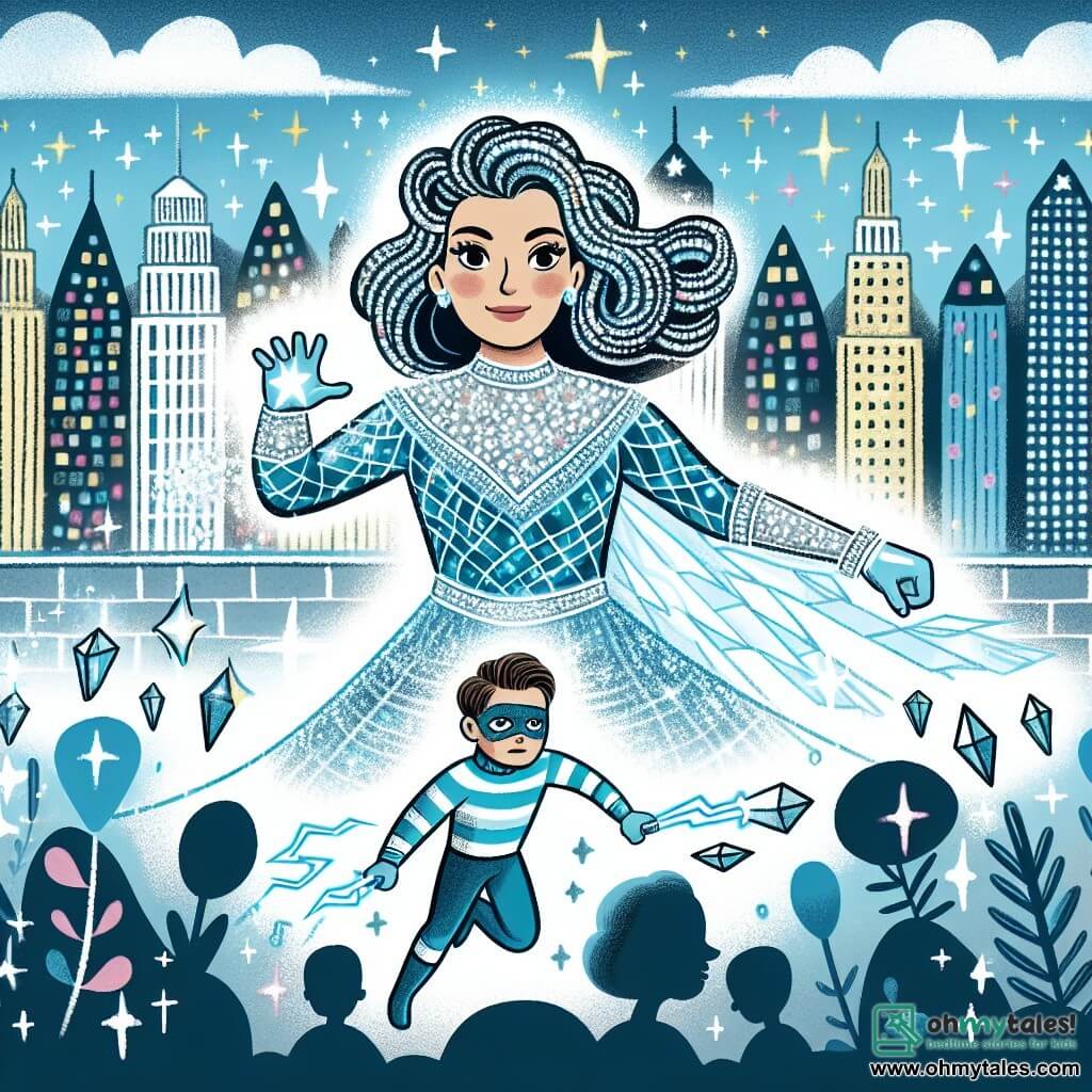 Une illustration destinée aux enfants représentant une femme au brillant costume bleu, les cheveux scintillants comme des diamants, luttant contre un mystérieux méchant, avec en arrière-plan la ville étincelante de Sparkle City et ses immeubles étincelants.