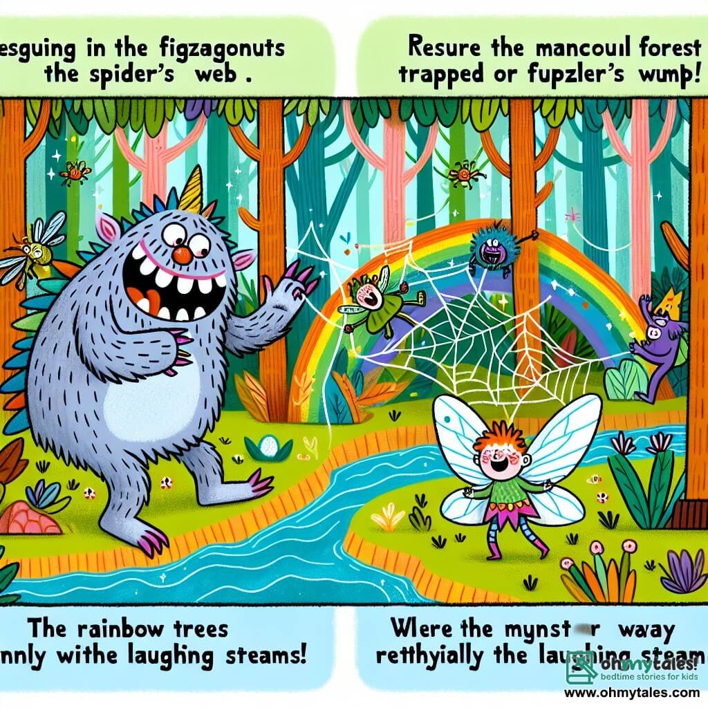 Une illustration destinée aux enfants représentant un monstre rigolo et géant, sauvant une fée prise dans une toile d'araignée, dans la forêt enchantée de Fuzzlewump où les arbres arc-en-ciel dansent au rythme des ruisseaux rieurs.