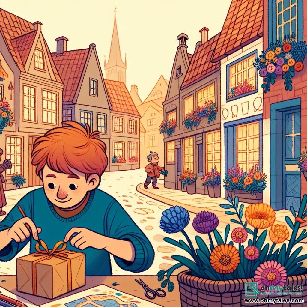 Une illustration destinée aux enfants représentant un garçon curieux et aventureux, en train de fabriquer un cadeau spécial pour son papa, avec l'aide de sa maman, dans une petite ville chaleureuse où les maisons colorées bordent une rue pavée et des fleurs multicolores ornent les fenêtres.