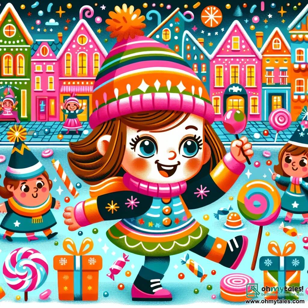 Une illustration destinée aux enfants représentant une jeune fille pleine d'énergie, préparant une fête du Nouvel An avec des amis, dans une petite ville colorée remplie de maisons en bonbons et de rues scintillantes.