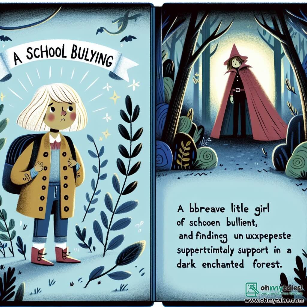 Une illustration destinée aux enfants représentant une courageuse petite fille, confrontée au harcèlement scolaire, qui trouve le soutien inattendu d'un mystérieux ami imaginaire dans une sombre forêt enchantée.