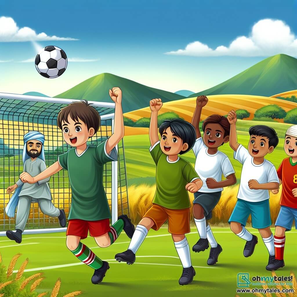 Une illustration destinée aux enfants représentant un jeune homme passionné de football, accompagné de ses amis, marquant un but décisif sur un terrain de soccer verdoyant entouré de collines et de champs dorés.