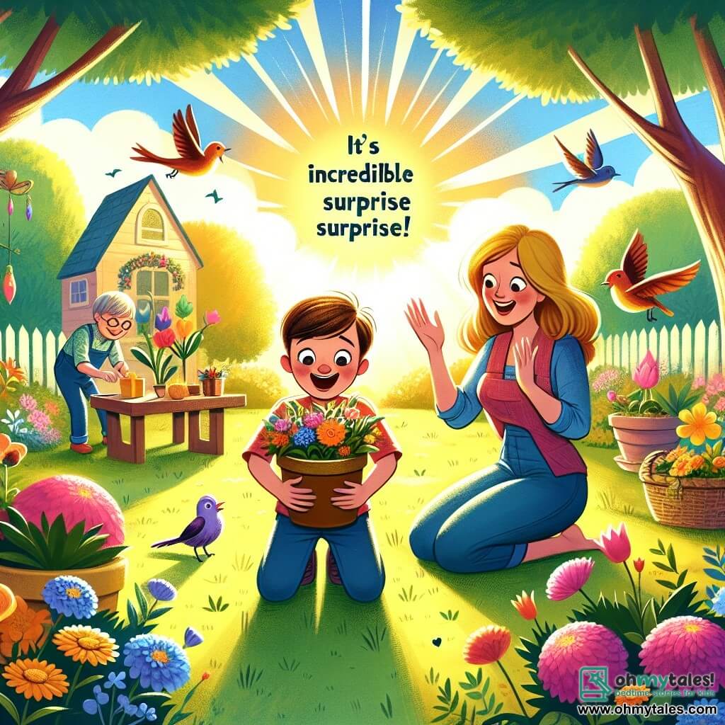 Une illustration destinée aux enfants représentant un garçon créatif et aimant, préparant une surprise incroyable pour son père, avec l'aide complice de sa mère, dans un jardin ensoleillé rempli de fleurs colorées et d'oiseaux chantants.