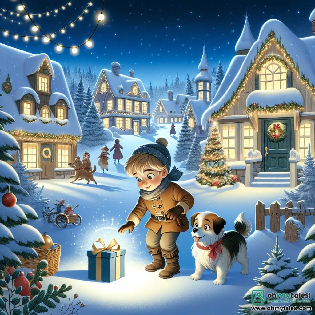 Une illustration destinée aux enfants représentant un jeune garçon curieux découvrant un mystérieux cadeau de Noël avec l'aide de son fidèle chien, dans une ville enneigée et féérique appelée Vallée Evergreen, décorée de lumières scintillantes et de sapins couverts de neige.