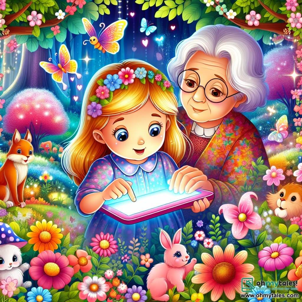 Une illustration destinée aux enfants représentant une fille captivée par un écran lumineux, accompagnée de sa grand-mère bienveillante, dans un jardin enchanté rempli de fleurs colorées et d'animaux joyeux.