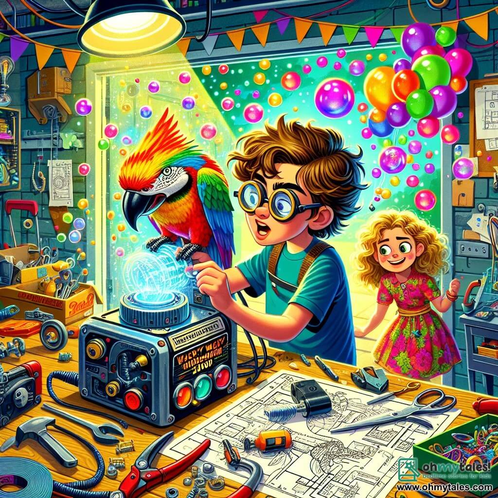 Illustration destinée aux enfants représentant un garage lumineux et coloré, rempli d'outils, de pièces de machines et de plans éparpillés, où un garçon de 11 ans, aux cheveux ébouriffés et portant des lunettes rondes, est en train de manipuler un étrange appareil brillant, le Wacky Wonder-Maker 3000. À ses côtés, une petite fille aux cheveux bouclés et vêtue d'une robe à motifs de fleurs observe avec curiosité, tandis qu'un perroquet aux plumes éclatantes, perché sur l'épaule du garçon, semble inquiet face à l'invention. Des bulles multicolores flottent dans l'air, éclatant avec des éclats de rire, créant une ambiance joyeuse et magique, illustrant le moment où l'invention commence à libérer des éclats de rire dans le garage.