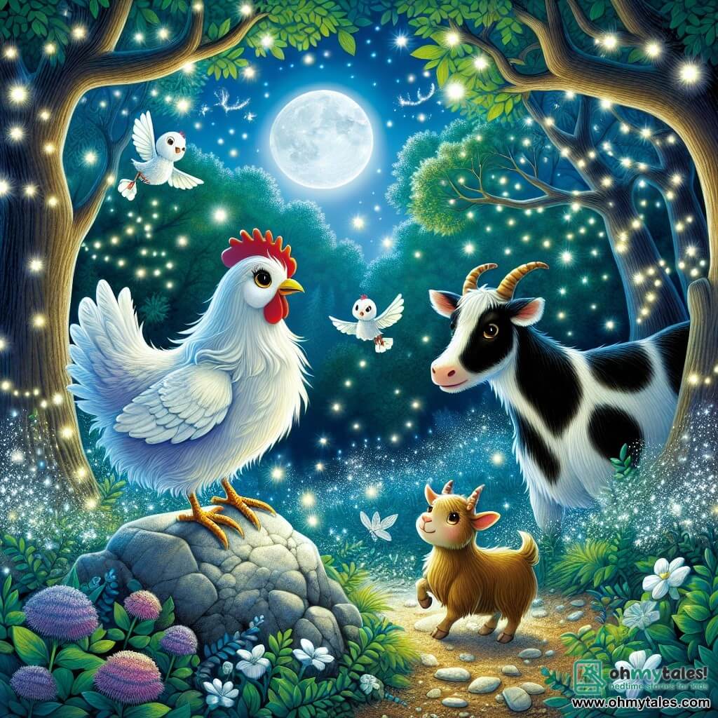 Illustration destinée aux enfants représentant une scène nocturne magique dans une forêt enchantée, où la lumière argentée de la lune filtre à travers les feuilles des arbres, créant des ombres dansantes sur le sol tapissé de fleurs sauvages. Au centre, une poule aux plumes blanches éclatantes et aux yeux pétillants de malice, perchée sur un rocher, semble donner des instructions à ses amis animaux. À ses côtés, un jeune bouc aux cornes courbées et à la fourrure brune, qui saute d'excitation, et une vache douce au pelage noir et blanc, qui regarde avec curiosité. Ensemble, ils planifient une aventure nocturne, entourés de lucioles scintillantes qui illuminent leur chemin, tandis qu'un hibou perché sur une branche observe la scène avec un air sage.
