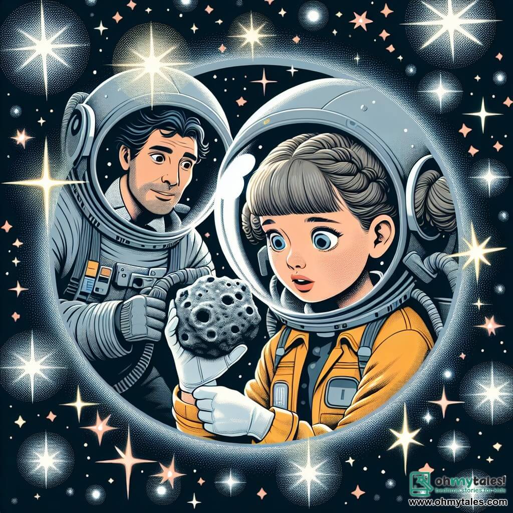 Une illustration destinée aux enfants représentant une jeune femme astronaute, émerveillée, découvrant un mystérieux astéroïde aux côtés de son collègue masculin ingénieur, dans l'espace infini parsemé d'étoiles scintillantes.